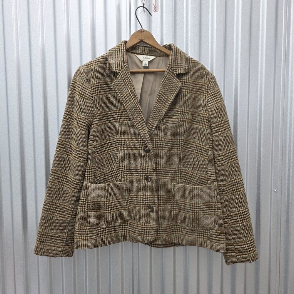 L.L. Bean Blazer Jacket Petite L Brown Wool Silk Herringbone Tweed Preppy Career